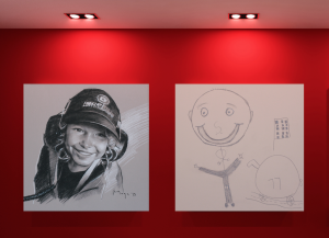 Artwork of Ryker and a drawing by Ryker of Dr. Blair